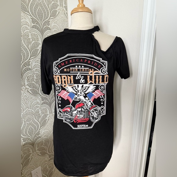 Tops - Black Graphic Tunic Tee with Motorcycle Design